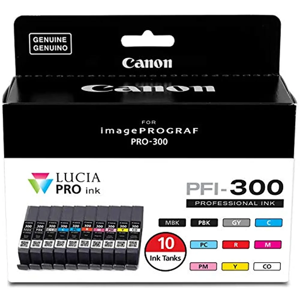 Ten small rectangular ink cartridges in a clear plastic tray, labelled by colour