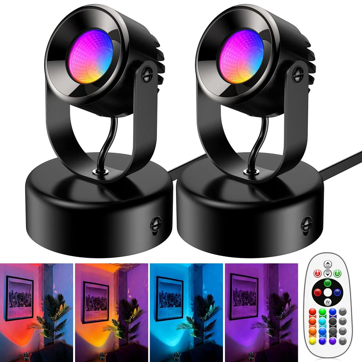 Two white aluminum spotlights with clear prismatic lenses and remote control