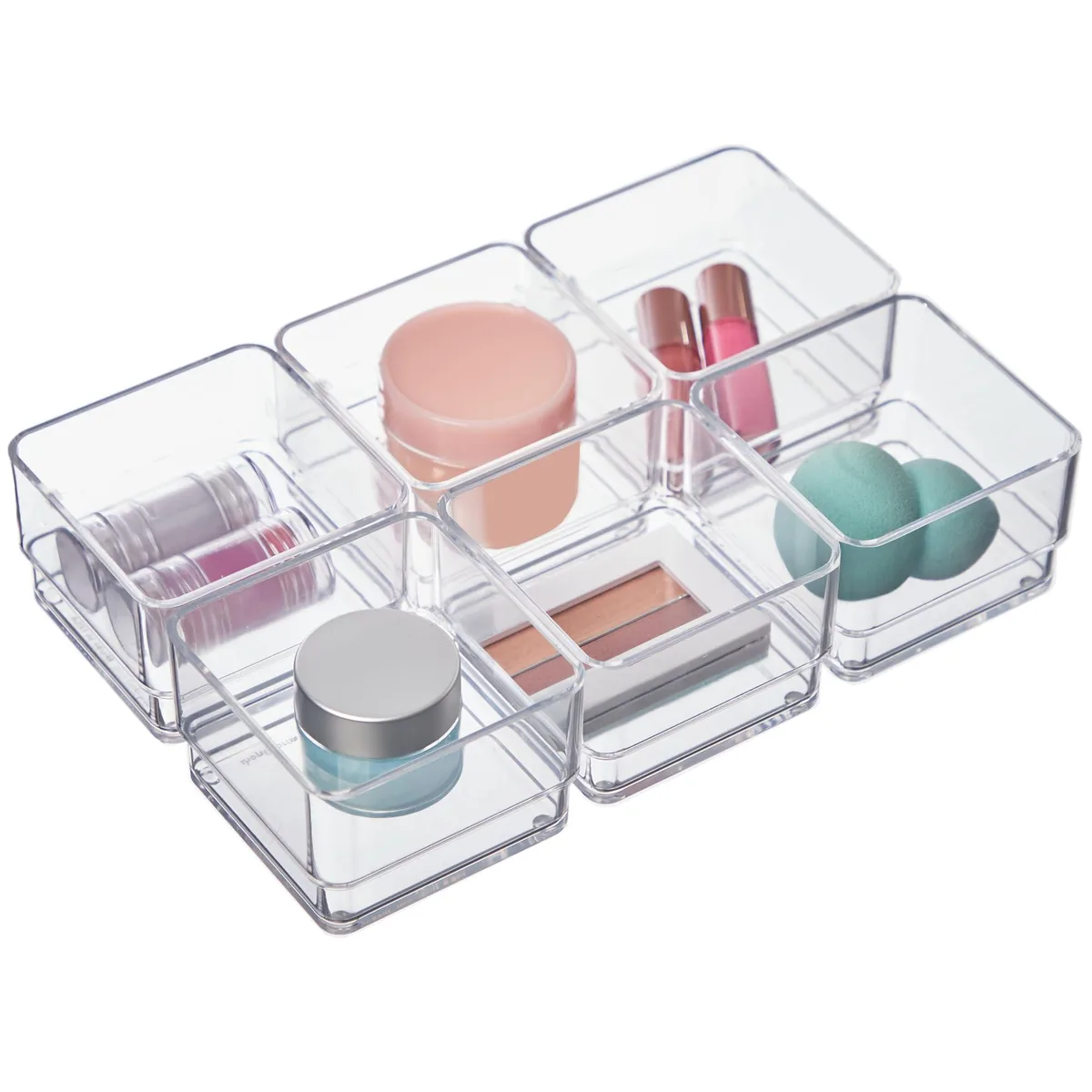 Six clear square plastic trays stacked, each 3 by 3 inches