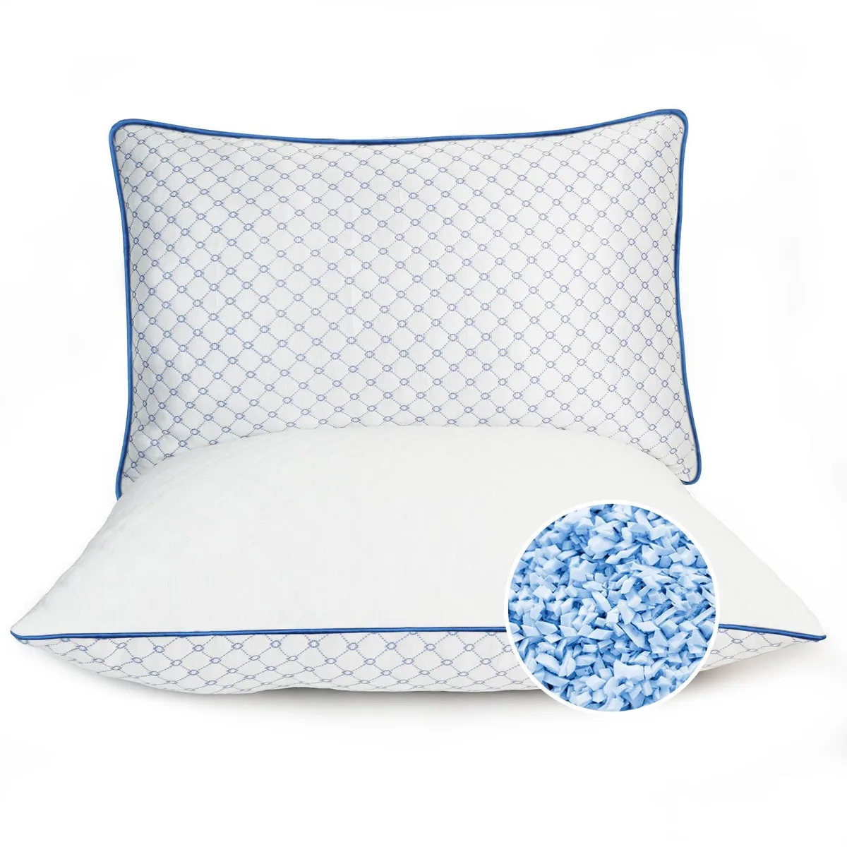 Two white and blue rectangular queen pillows with removable covers