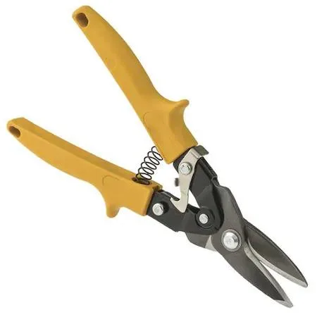 Yellow-handled aviation snips with hardened steel blades and safety latch