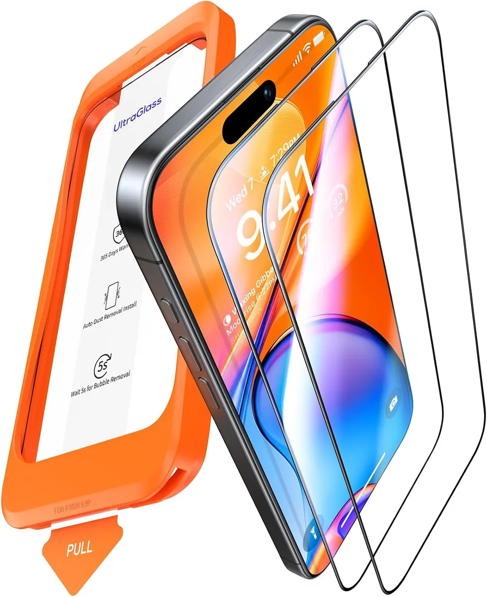 Two clear tempered-glass screen protectors with black curved edges for iPhone 15 Pro