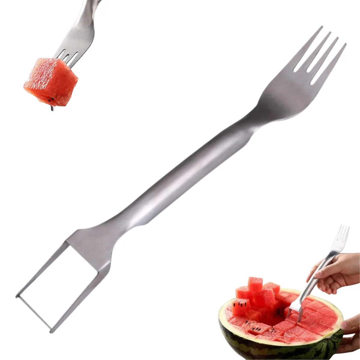 Stainless steel 2-in-1 watermelon fork slicer, silver finish, set of two