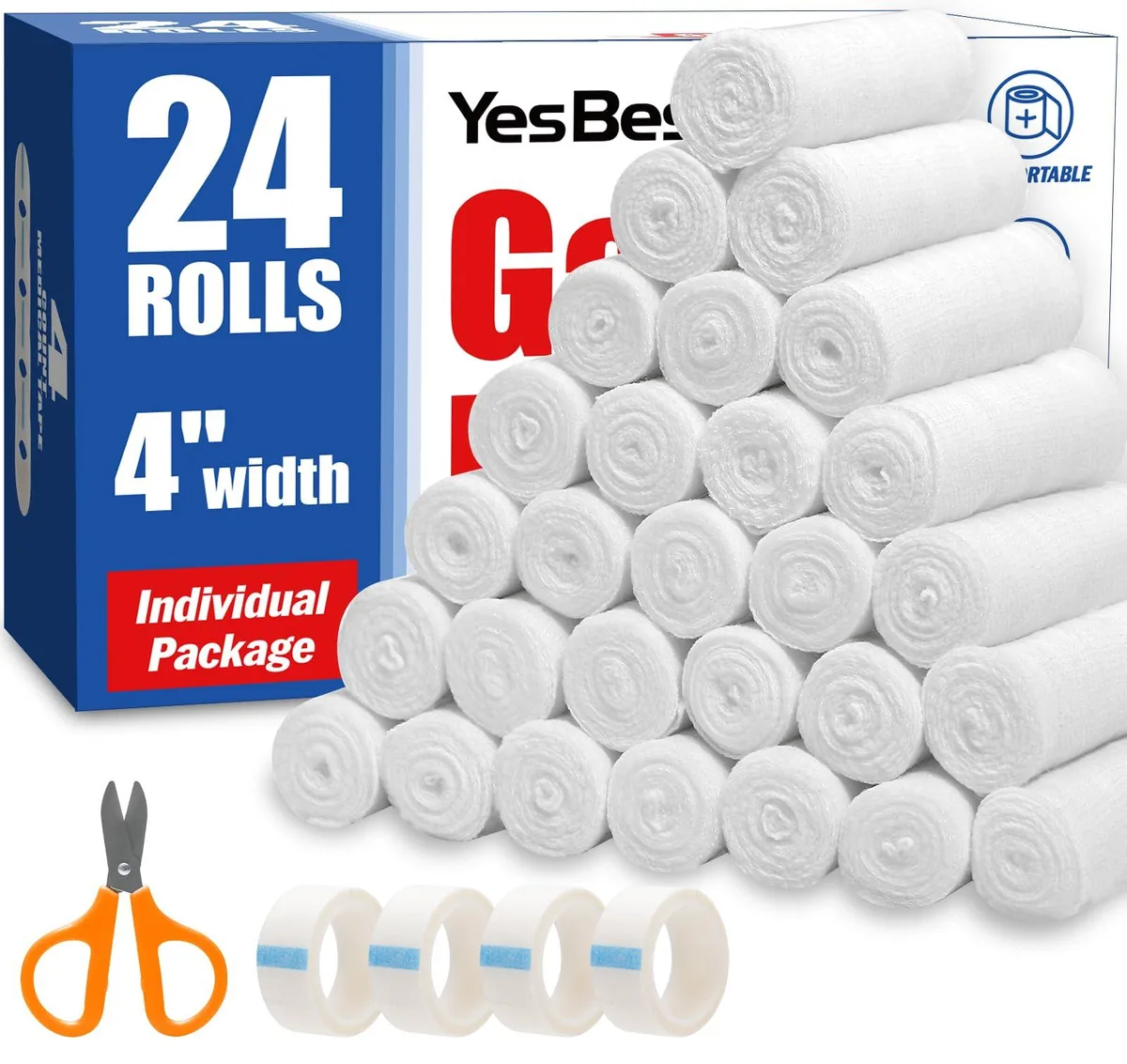 Twenty-four individually wrapped white gauze rolls and four medical tapes in a rectangular box
