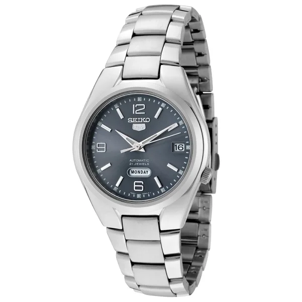 Silver stainless steel round watch, 36 mm case, grey dial with day and date, stainless steel bracelet, 18 mm band width