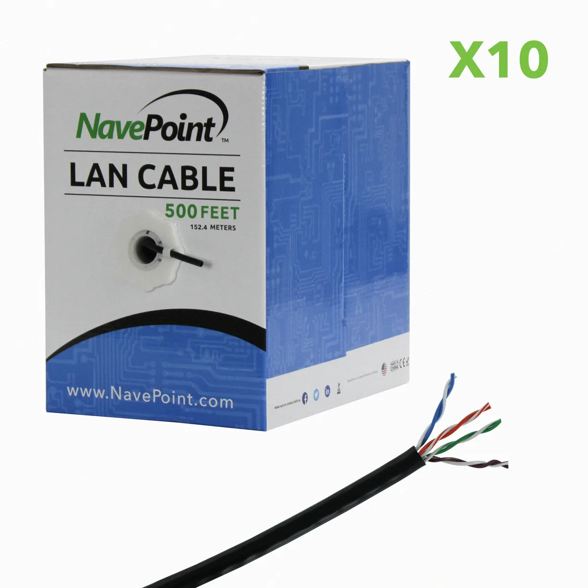 NavePoint NavePoint CAT5e UTP CCA bulk Ethernet cable 10 pack 500 ft black — product photo