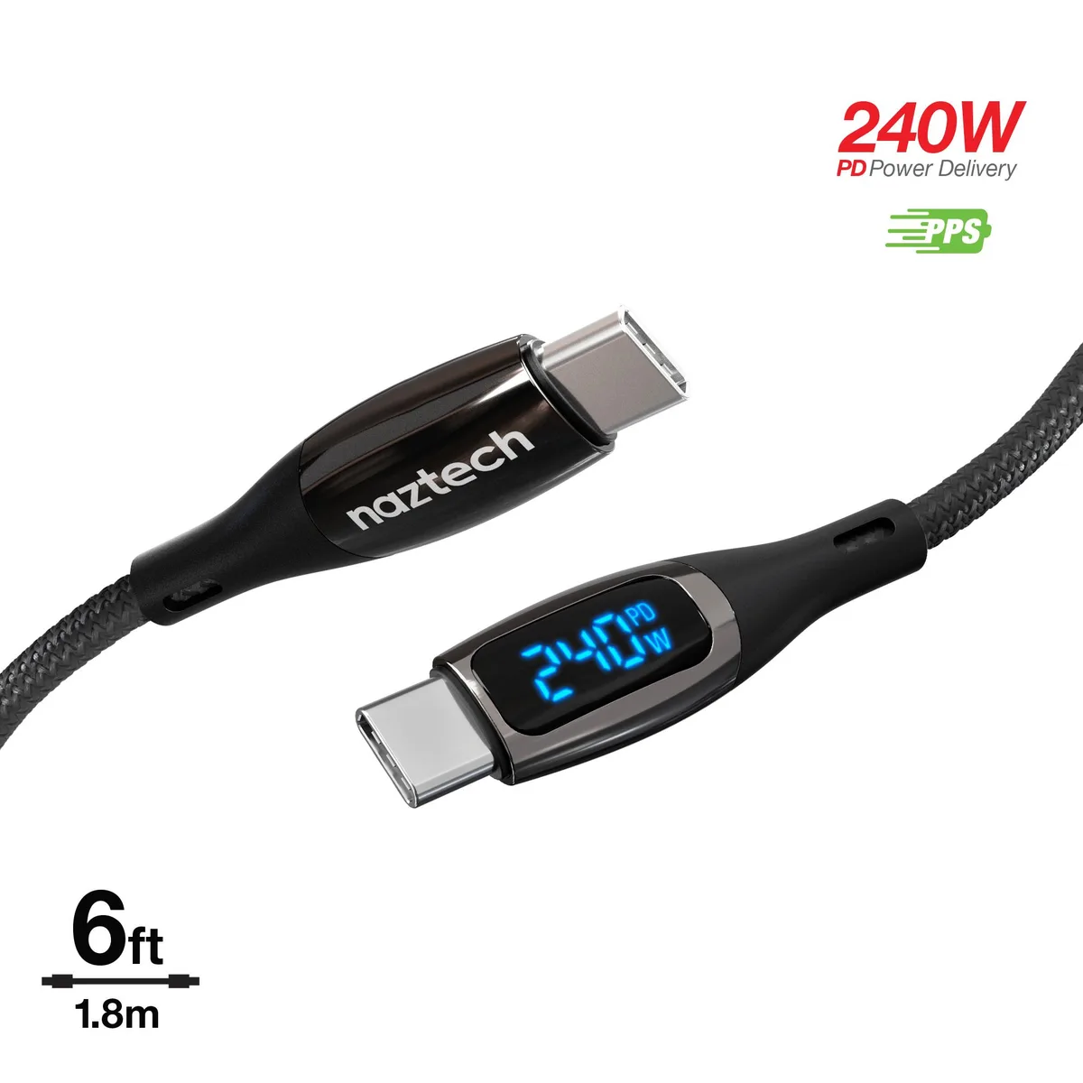 Naztech Naztech DigiWATT USB-C to USB-C Digital LED Cable 6ft 240W — product photo