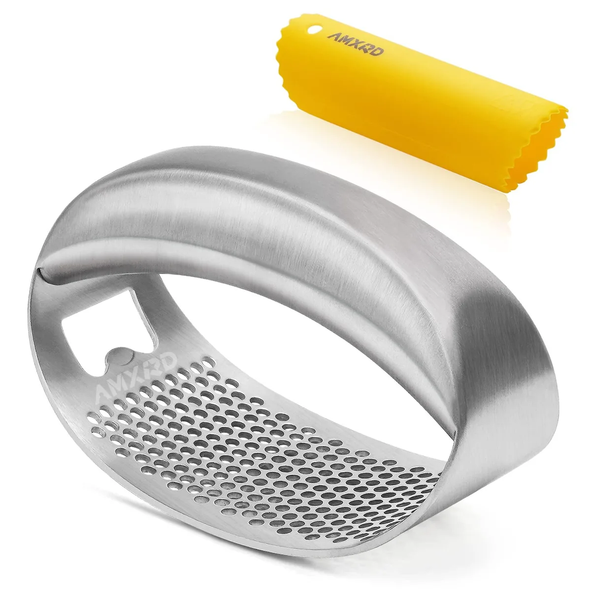 Stainless steel garlic rocker with curved handle and silicone peeler tube