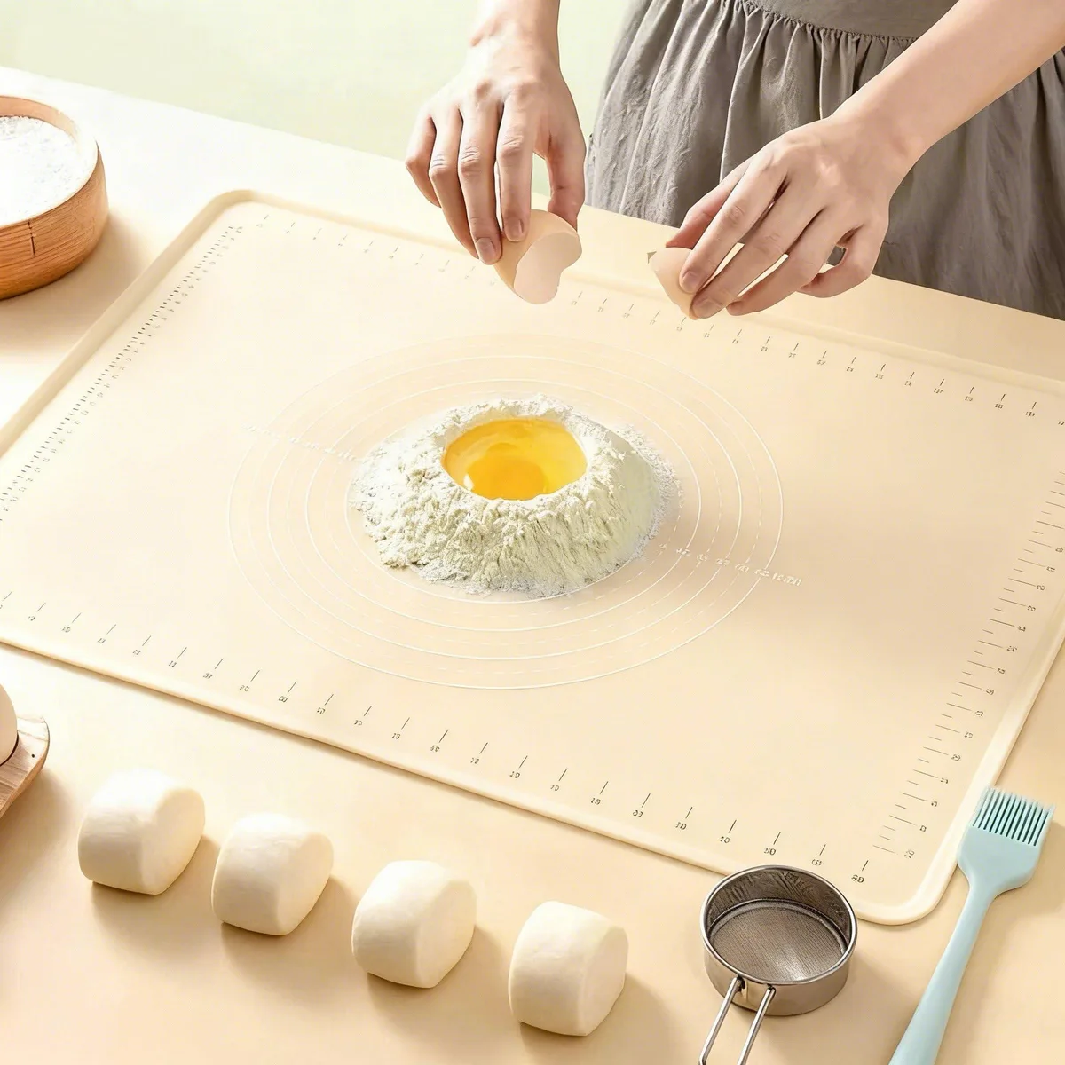 Beige silicone baking mat 26 by 18 inches with printed measurement guides and 4mm raised edges