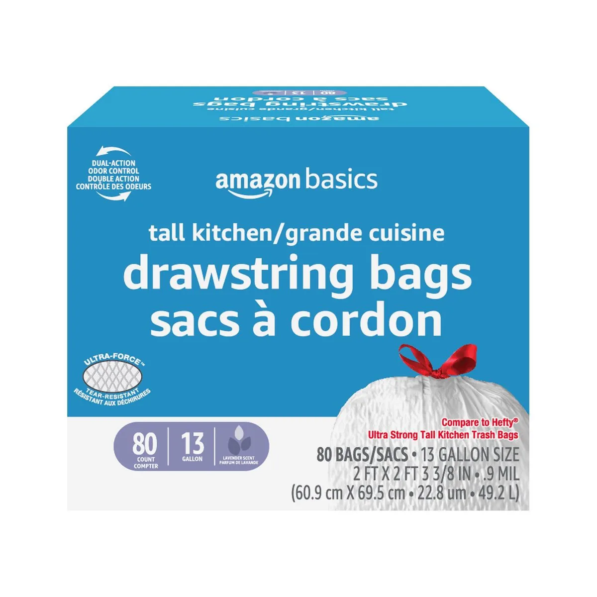 White 13-gallon drawstring trash bags in lavender-scented 80-count pack
