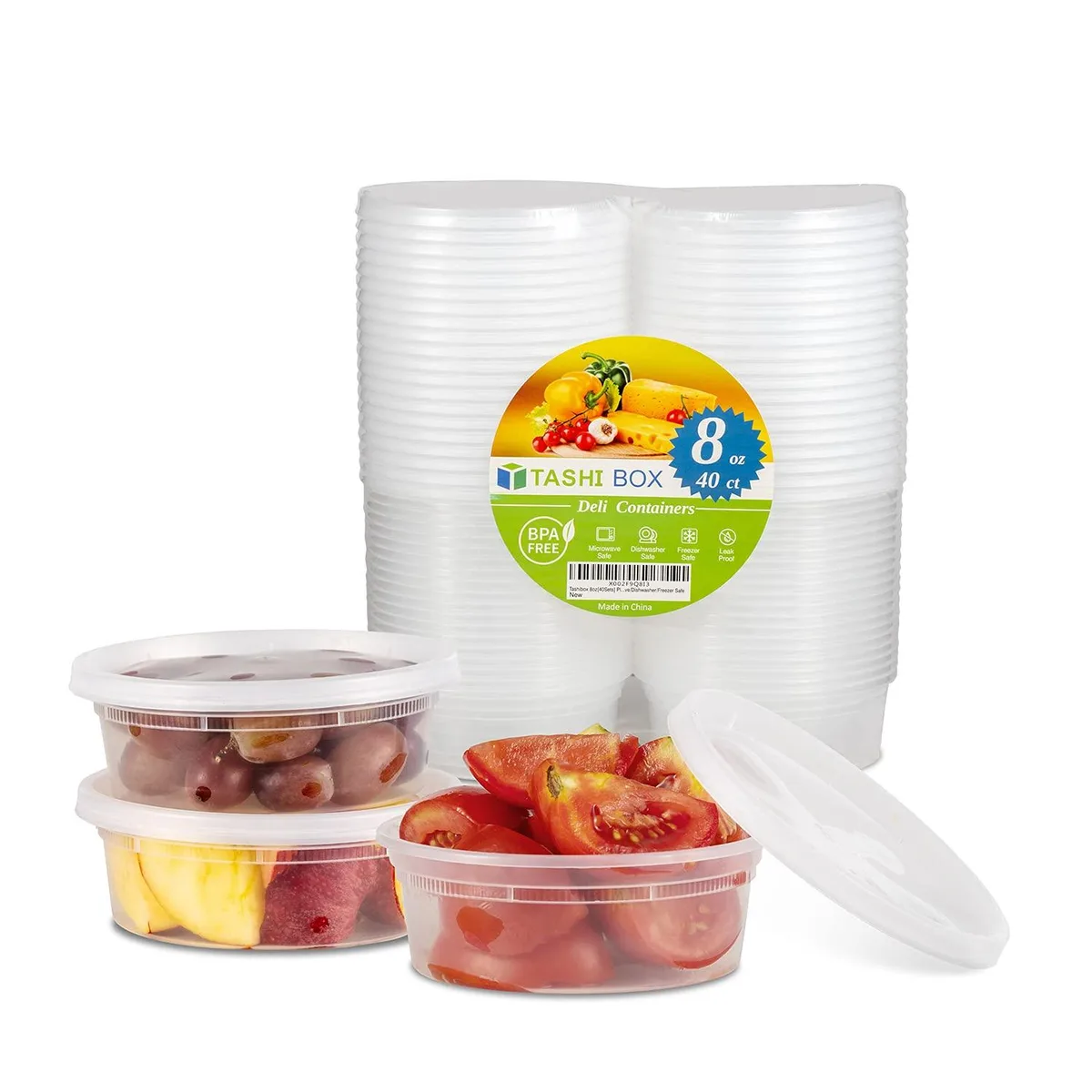Forty clear round 8oz containers with matching lids, stacked together