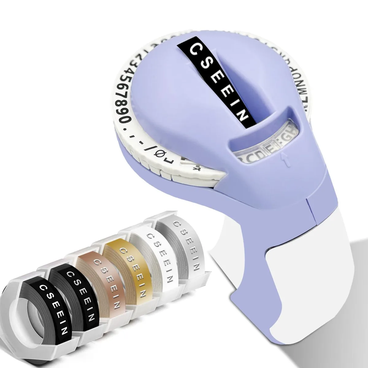 Purple handheld embossed label maker with USB port and six tape rolls