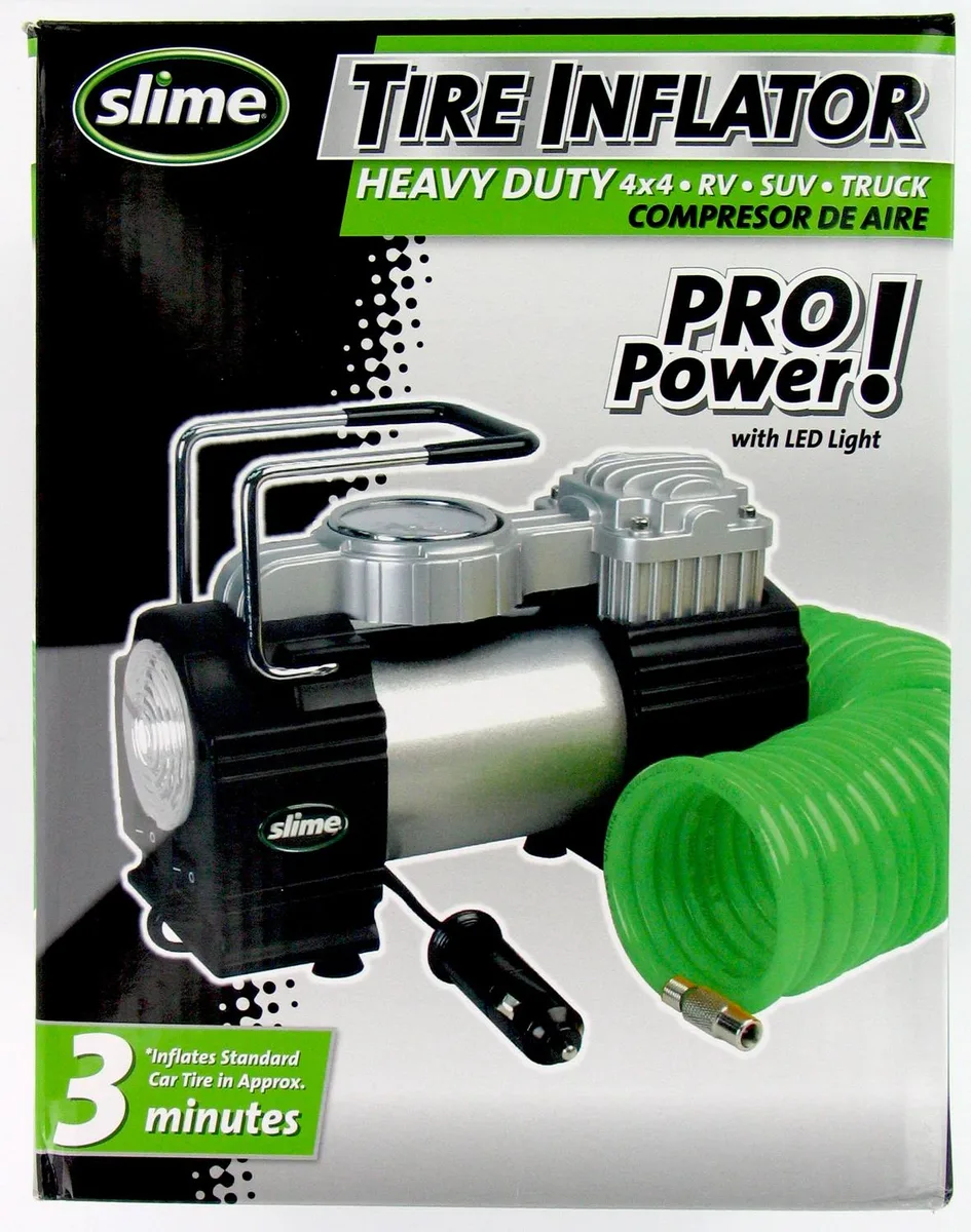 Slime COMP06 heavy duty tire inflator, black and yellow compact unit with hose and gauge