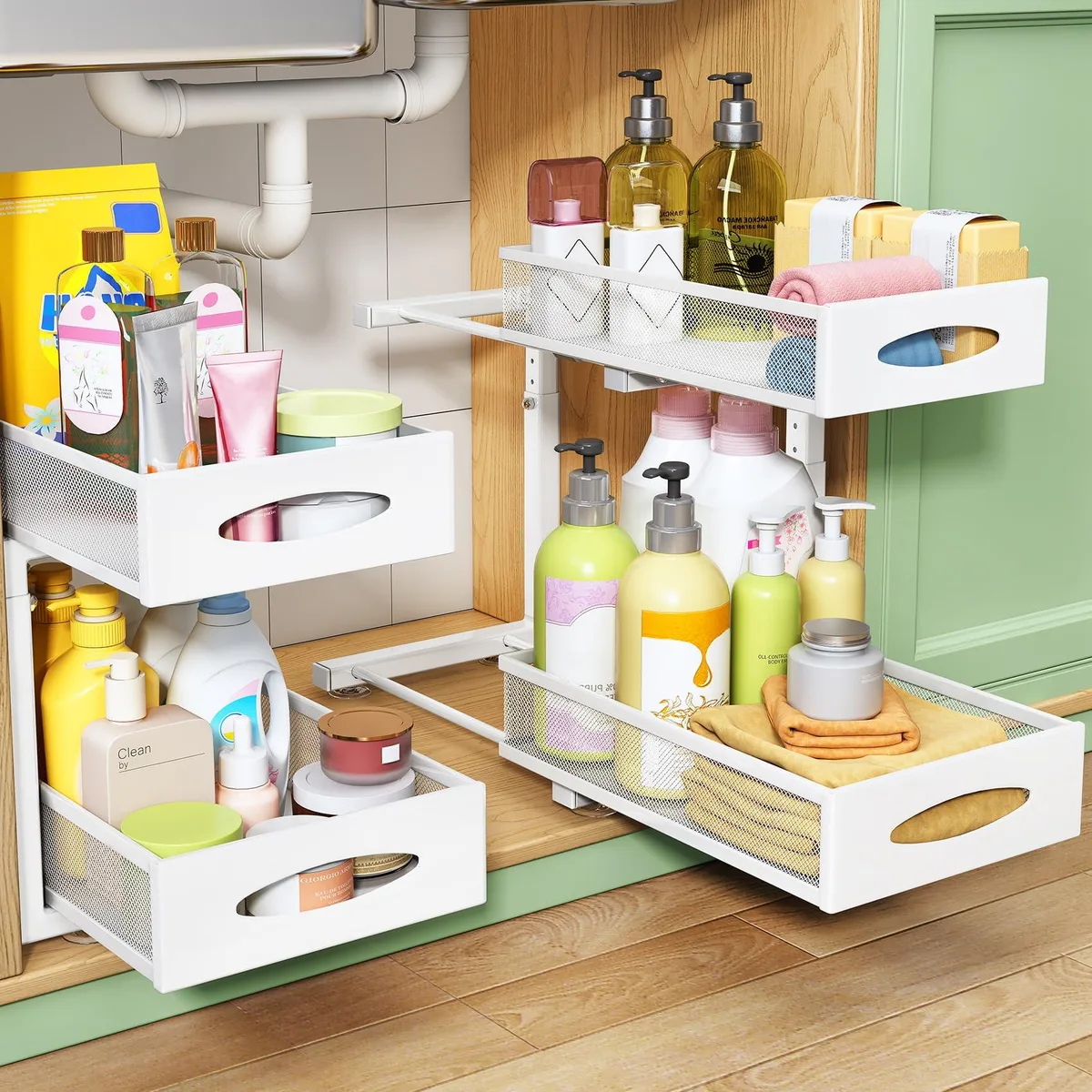 White carbon-steel two-tier pull-out cabinet organizer with mesh sliding drawers, adjustable height, suction-cup mounting