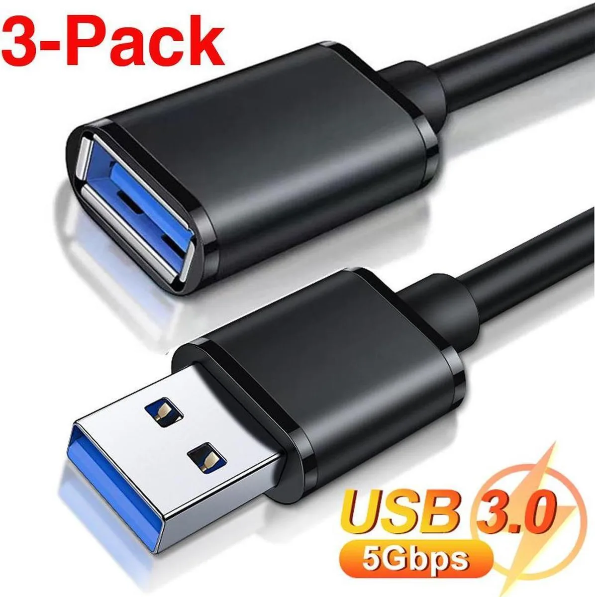 Three blue USB 3.0 Type A male to female extension cables coiled together
