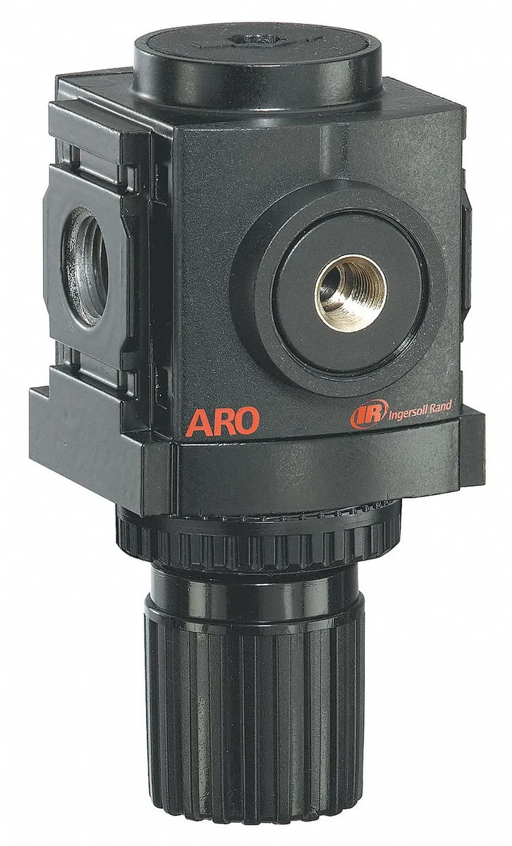 Black aluminium air regulator with knob adjustment, 1/4 NPT ports, 250 psi rating
