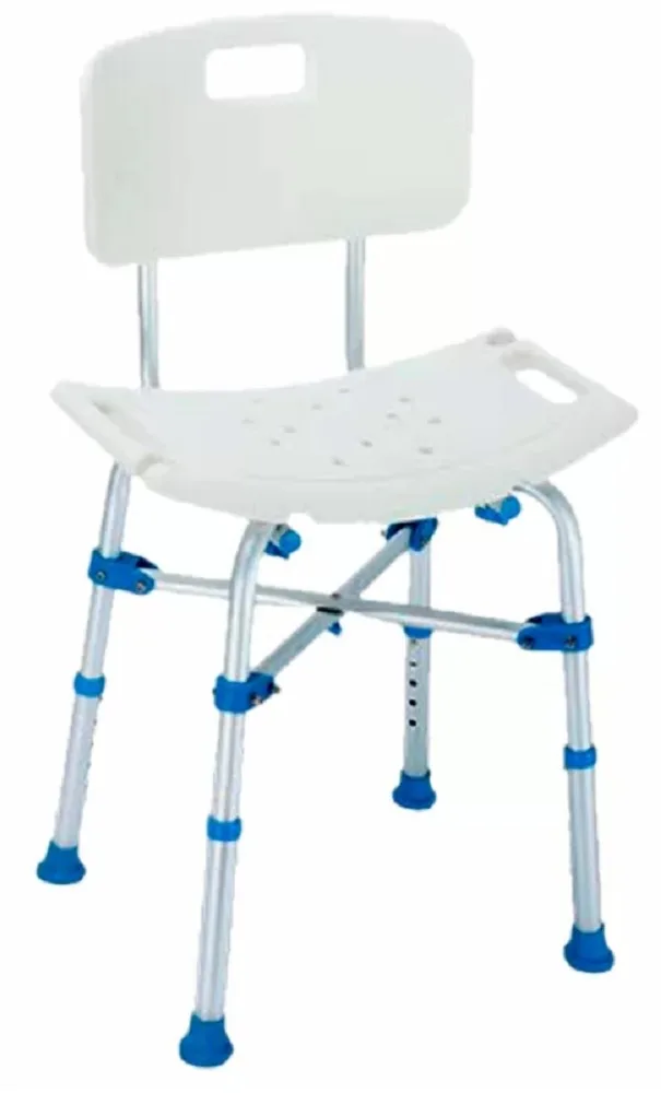 White aluminium shower chair with cross-leg frame, adjustable legs and non-slip feet