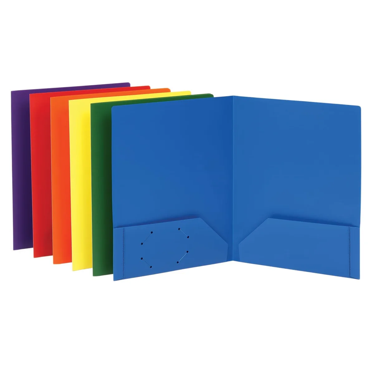 Six letter-size plastic folders with two pockets in assorted colours