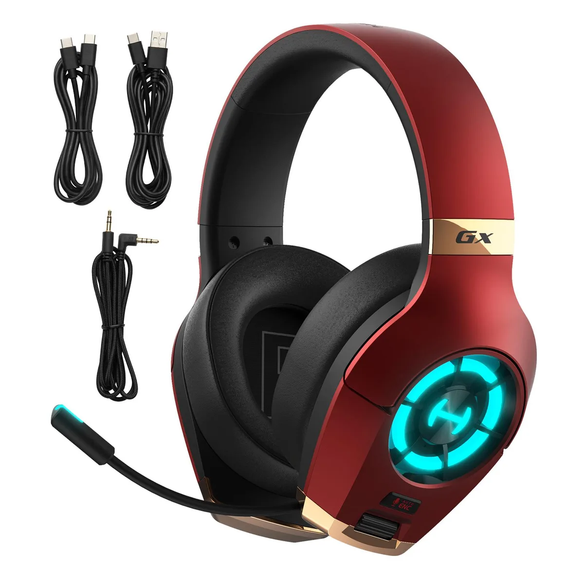 Red over-ear gaming headset with RGB-lit earcups and boom microphone
