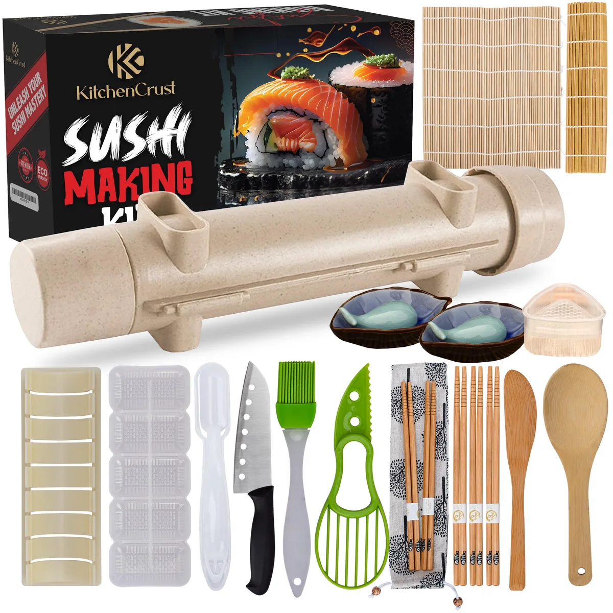 Black 22-piece sushi kit with bazooka roller, bamboo mats, knife, avocado slicer, molds, chopsticks