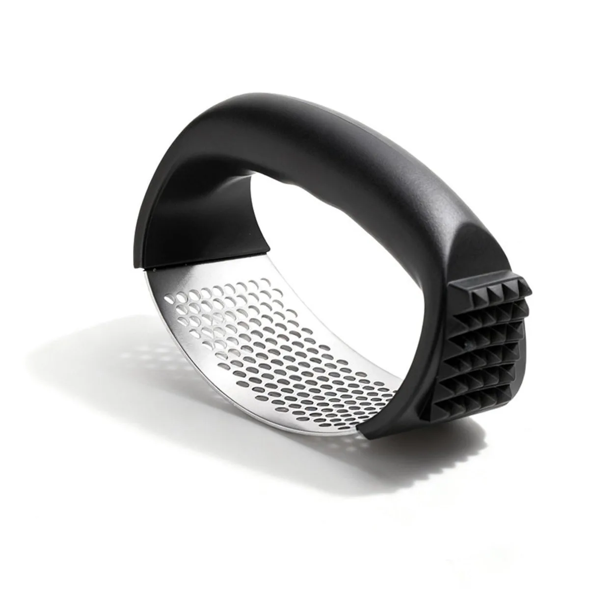 Stainless steel garlic press with black soft-grip handle and rocking mincer design