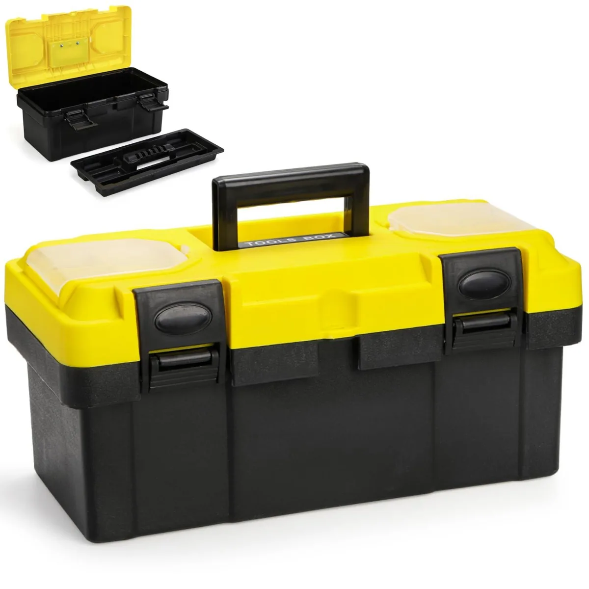 Black and yellow 16-inch polypropylene toolbox with handle, removable tray and clear lid organisers