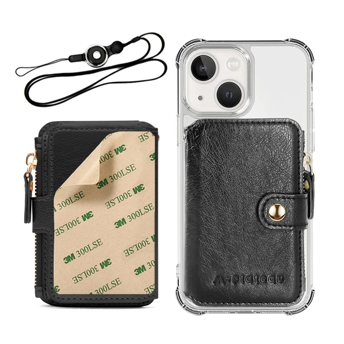 M-Plateau Phone Wallet Stick On Black with Lanyard — product photo