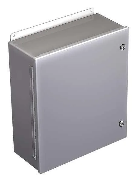 Gray carbon steel wall-mount enclosure, hinged solid cover, 1/4-turn latch, textured RAL 7035 finish, external mounting brackets