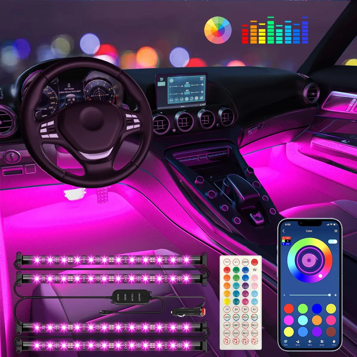  Keepsmile RGB Under-Dash LED Kit 12 V 12 W 230 mm 44-Key Remote App Control — product photo