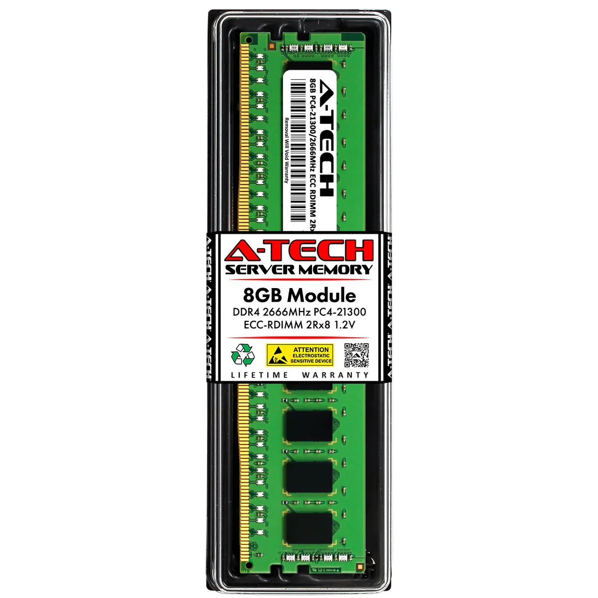Green rectangular DDR4 DIMM with black chips and gold edge contacts