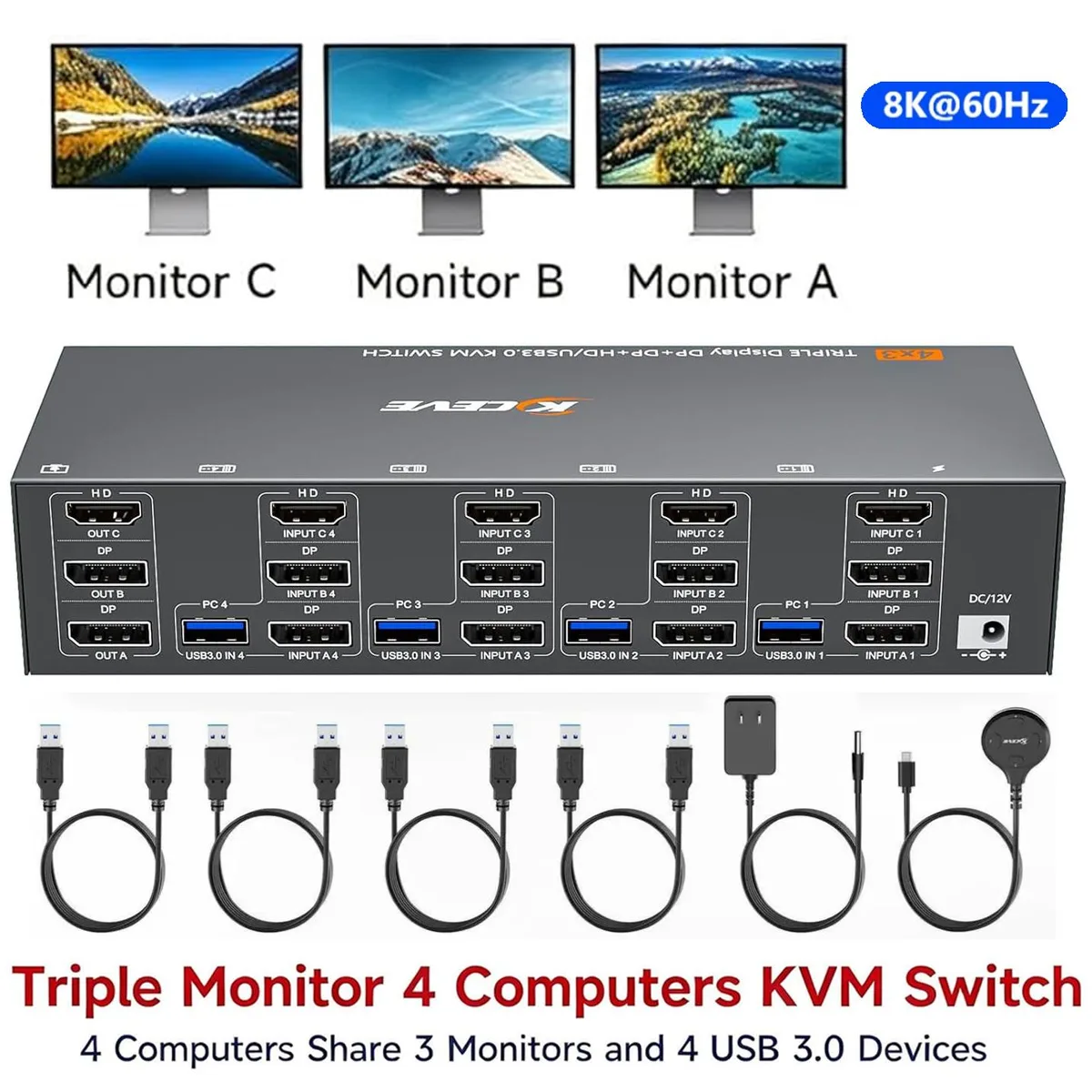 AUTYUE AUTYUE KC-403DH HDMI + 2 DisplayPort KVM Switch 3 Monitors 4 Computers — product photo