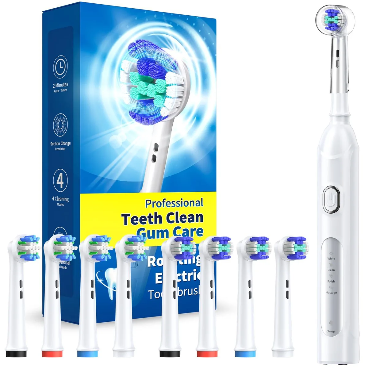 White rotating electric toothbrush handle with brush heads and charging base
