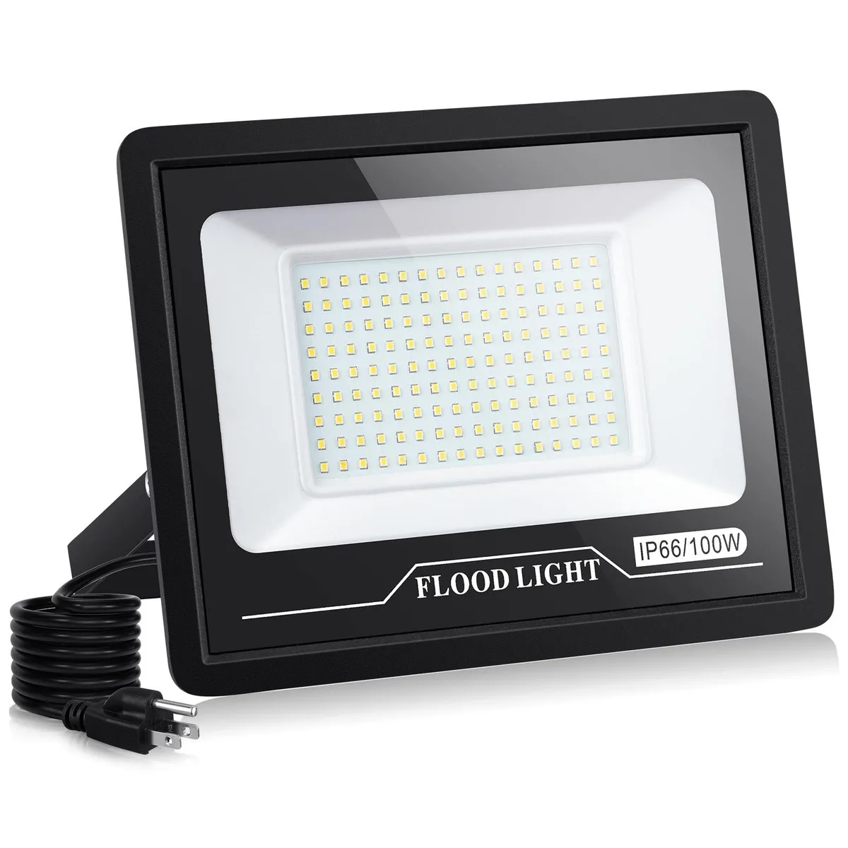 Rectangular powder-coated aluminium floodlight with finned heat sink, clear glass lens and attached cable
