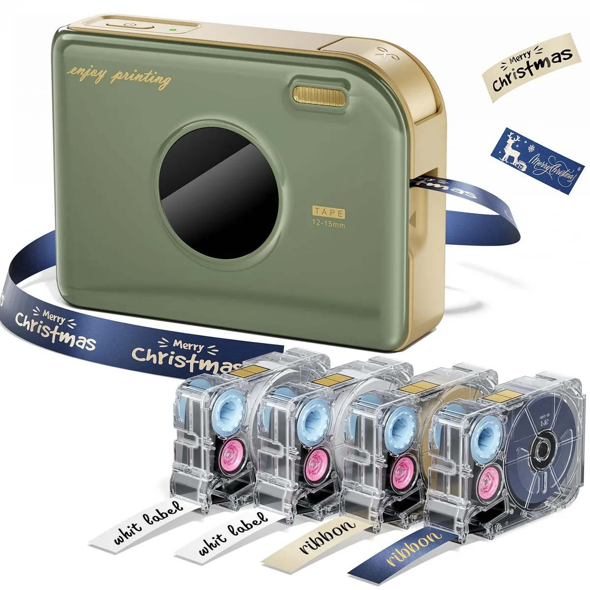 Compact green label printer, 13 by 4 by 9 cm, 150 grams