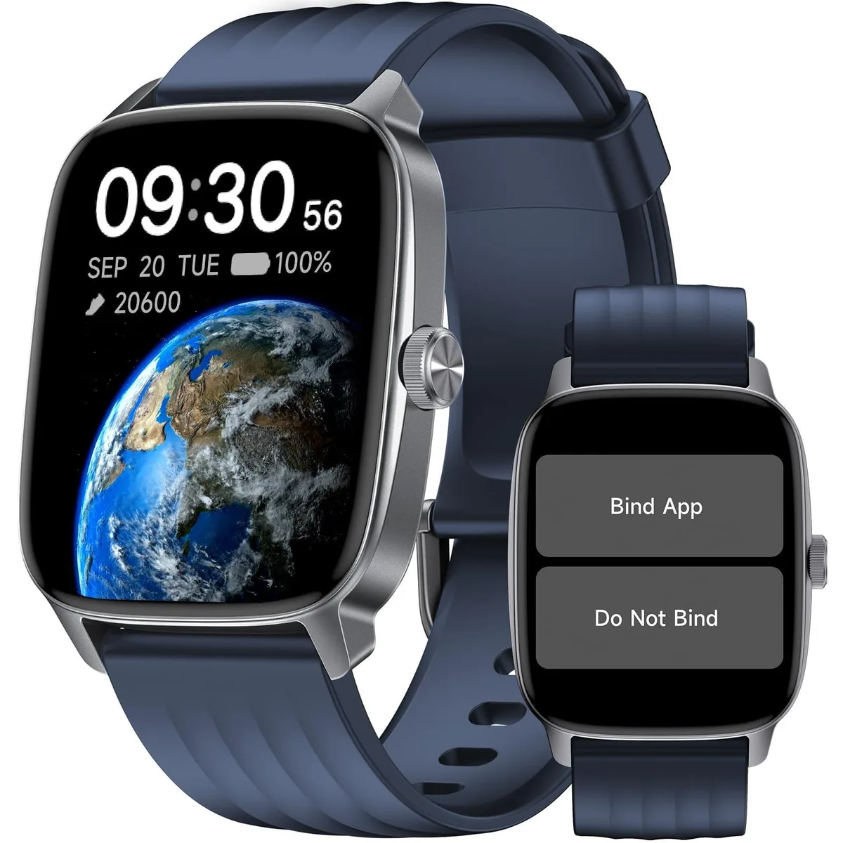 Blue rectangular smartwatch with LCD touchscreen and black strap