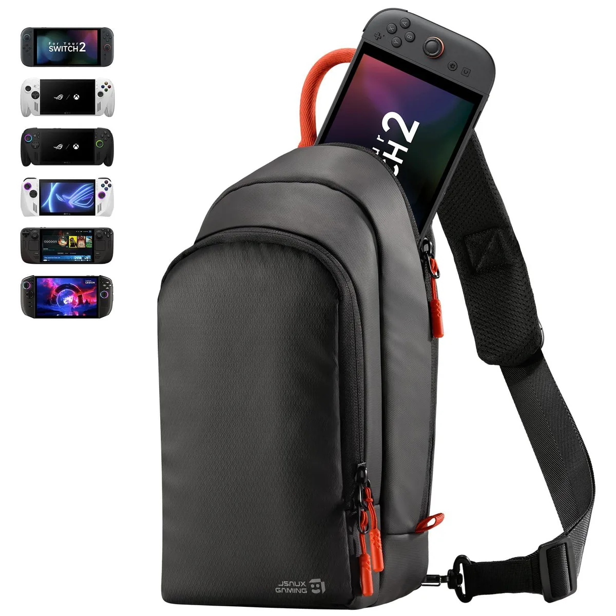 Black sling bag with padded strap and three compartments, shown from the side