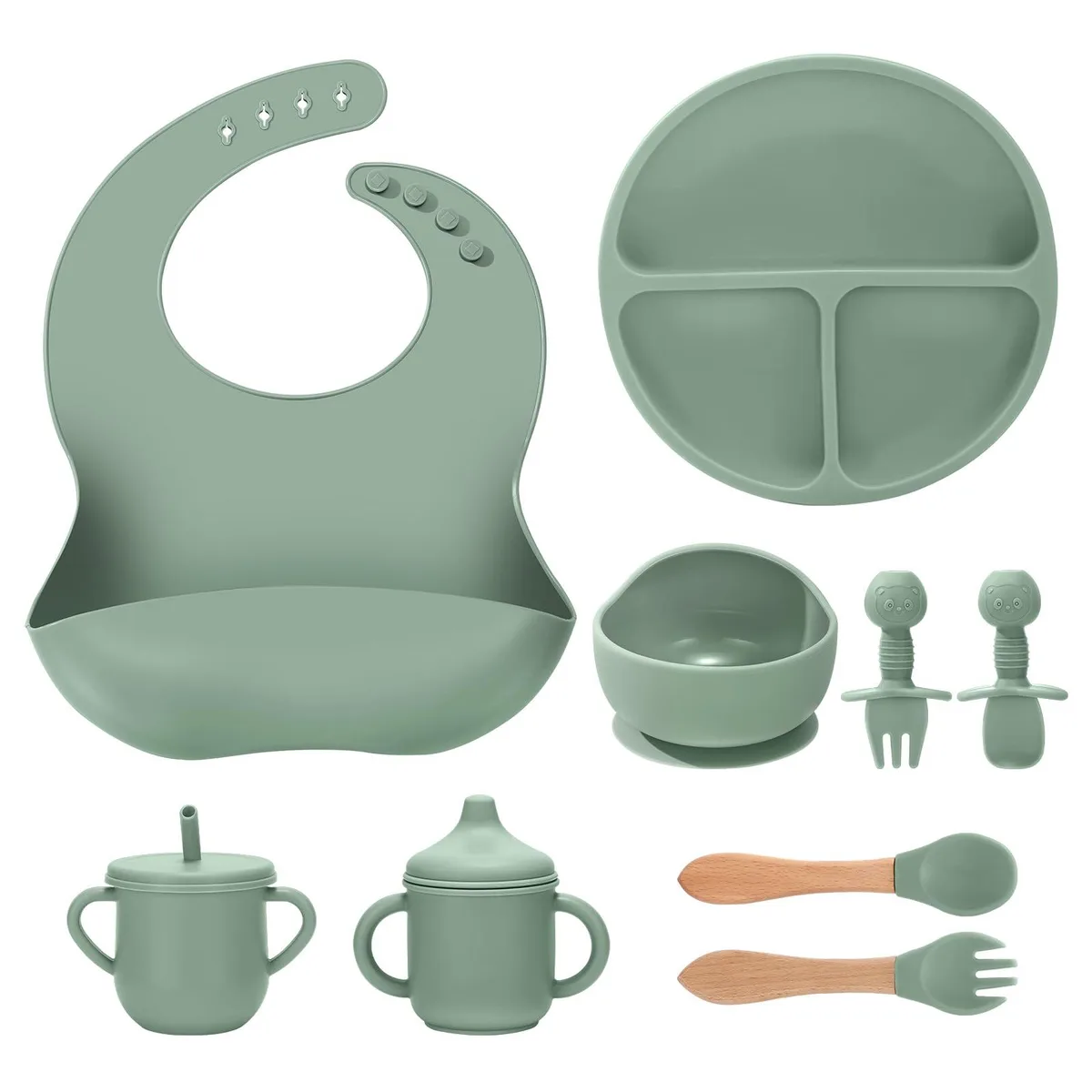 Green silicone baby feeding set with suction plate, bowl, bib, spoons, forks, straw cup and sippy cup