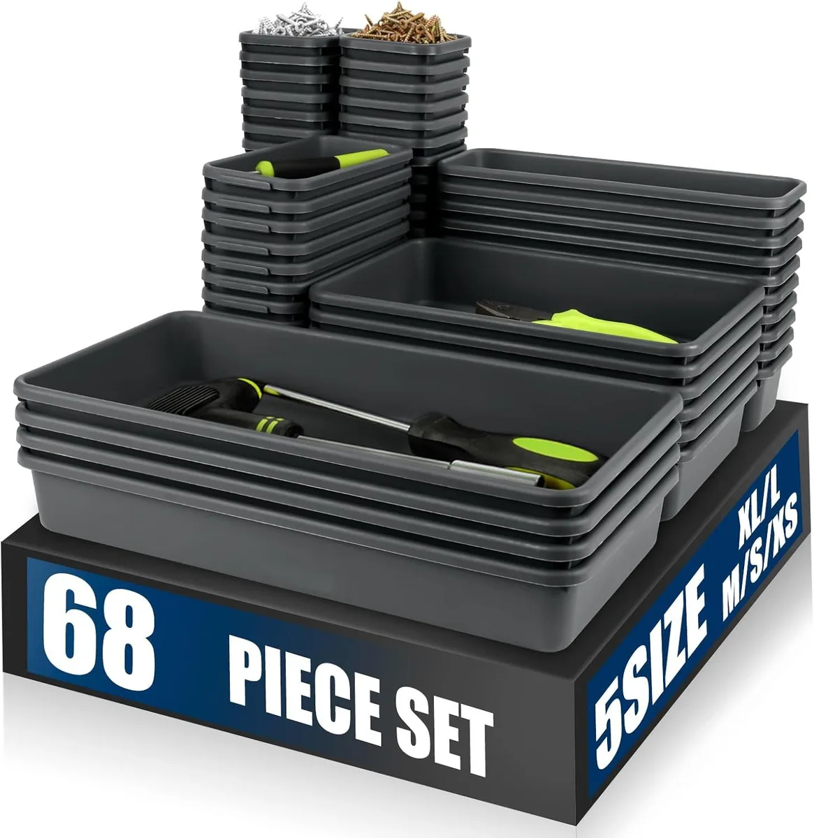 Grey plastic tool organiser tray set with 68 pieces in five sizes including 36 XS, 12 S, 10 M, 6 L and 4 XL compartments