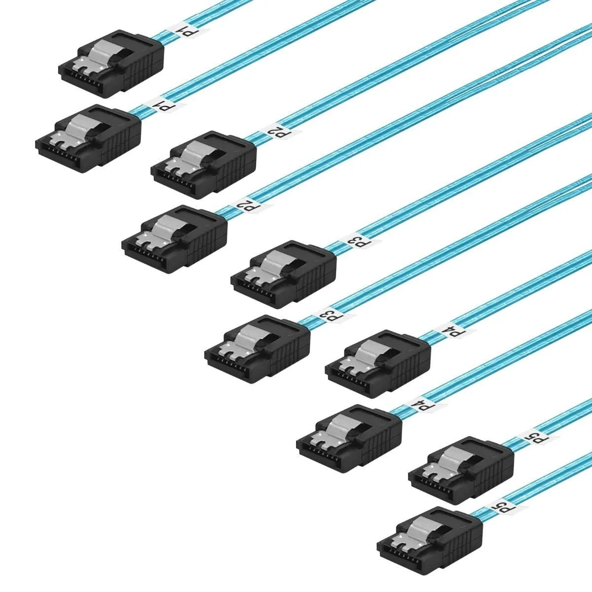 Five thin flat blue SATA cables with black straight locking connectors, 1.6 ft each