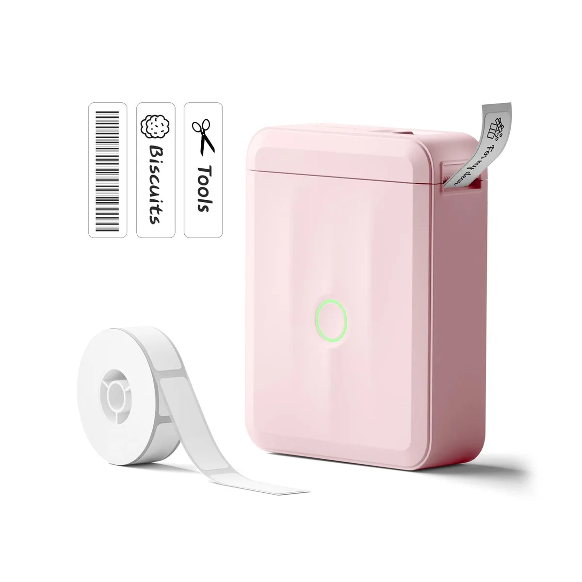 Pink compact label printer with rounded edges and Type-C port