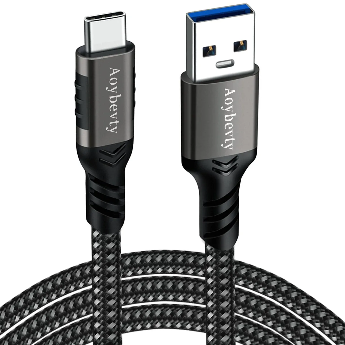 Grey nylon-braided USB-A to USB-C cable, 10 ft long, aluminium connector housings