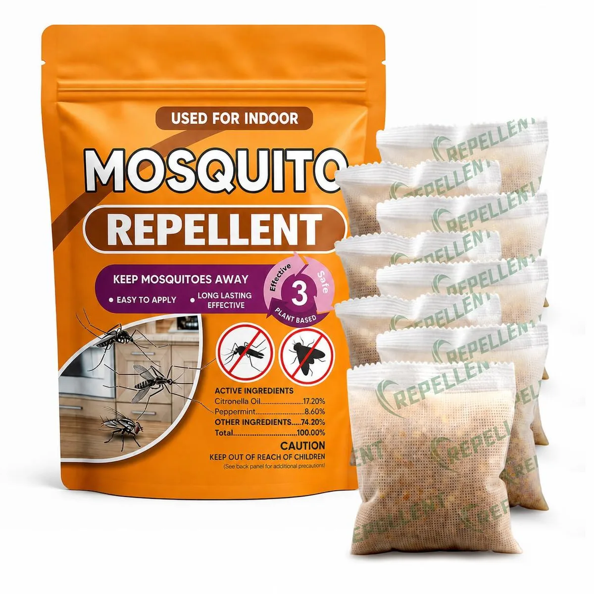 Eight mosquito repellent bags in a pack