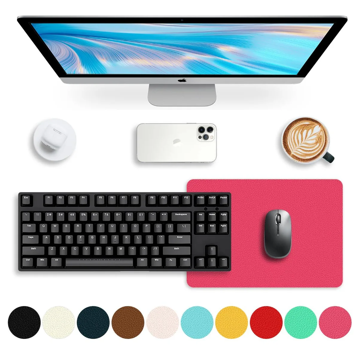 Rose L-shaped PU leather desk pad, 11 by 8 inches, smooth top with suede backing