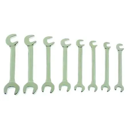 Eight-piece SAE offset ignition wrench set, chrome carbon steel, double-ended, rounded heads, in blister pack