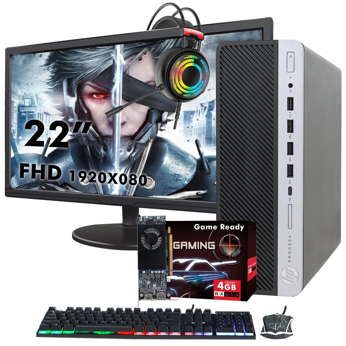 HP HP ProDesk 600 G3 SFF desktop PC, Core i7-6700, 16GB DDR4, 1TB SSD, Radeon RX 550, 22" monitor — product photo