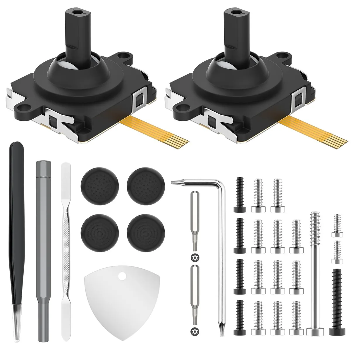 Black repair kit with two joysticks, thumbstick caps, screwdrivers, tweezers and screws
