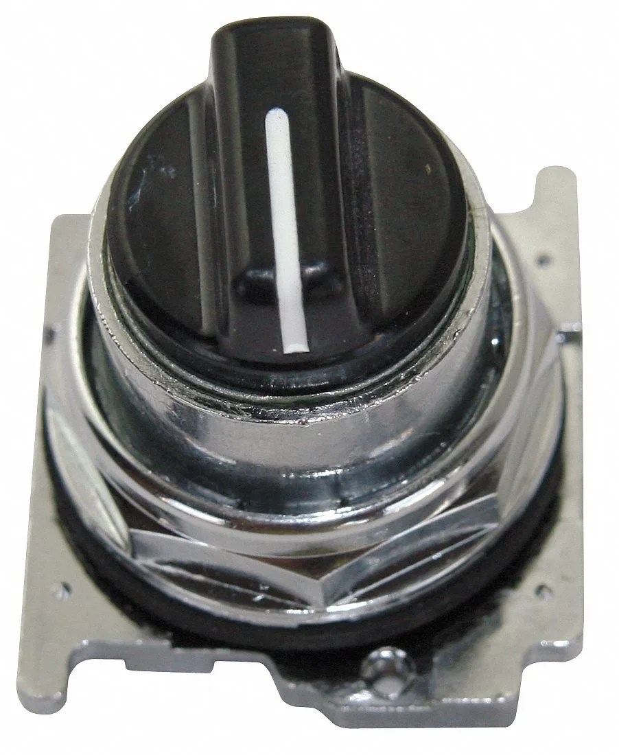 Black metal knob selector switch on chrome bezel, 30mm, three positions