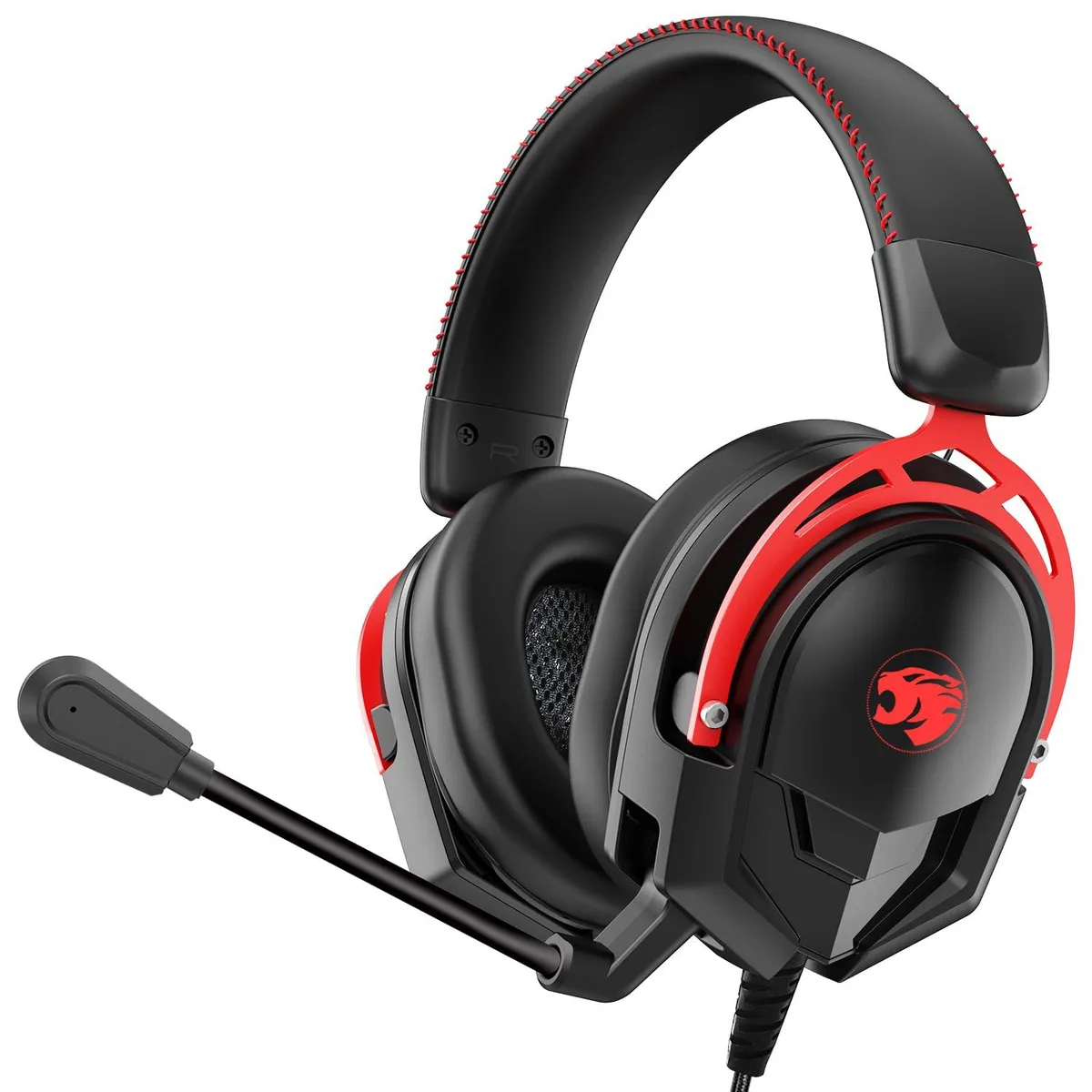 Red on-ear gaming headset with flexible boom microphone and braided cable