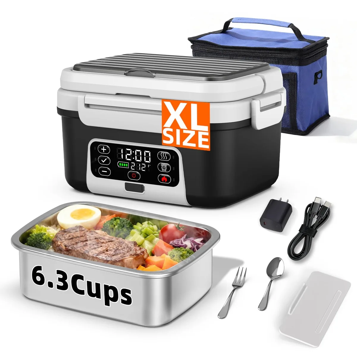 Red cordless heated lunch box with silicone lid and removable divider