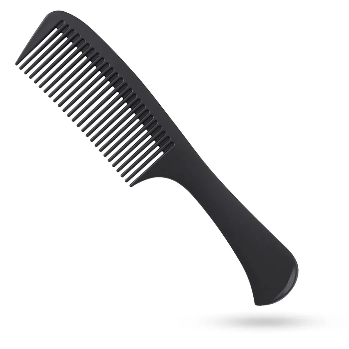 Black carbon-fibre detangling comb with rounded teeth and rubberised handle